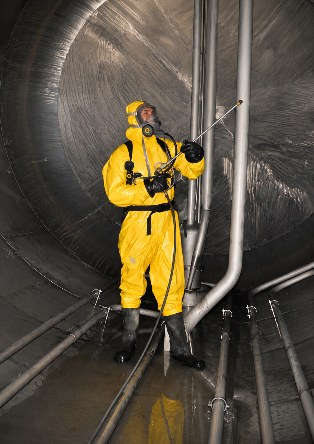 Technician in chemical suit washing down a cargo oil tank